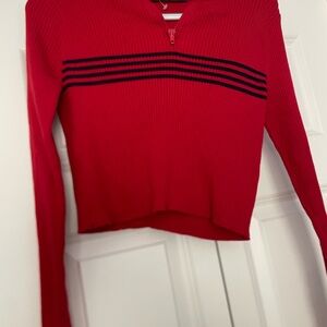 Brandy Melville Red Cropped Long Sleeve Sweatshirt with Polo Neckline
